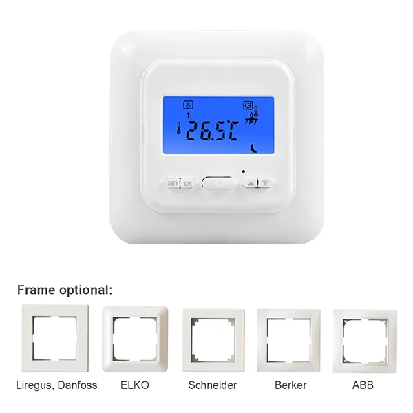 T11FHL non-programmable gang frame electric heating thermostat compatible with Legrand, Danfoss, ELKO, Schneider, Berker and ABB frames