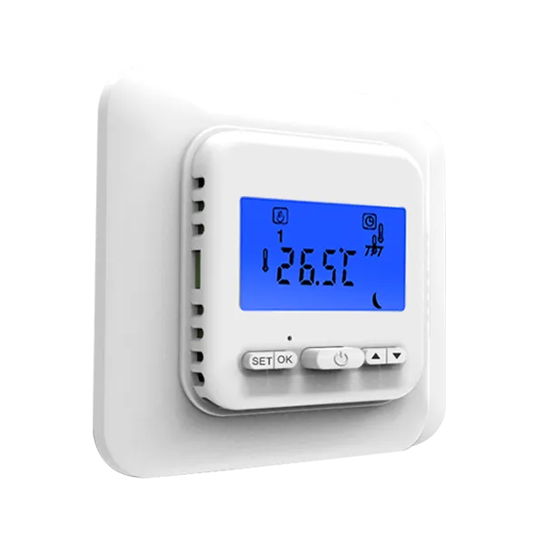Left side view of T38FHL programmable floor heating thermostat