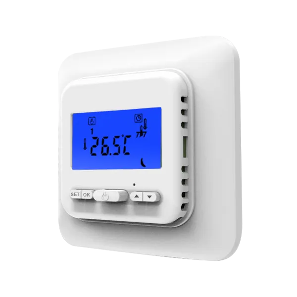 Right side view of T38FHL programmable floor heating thermostat