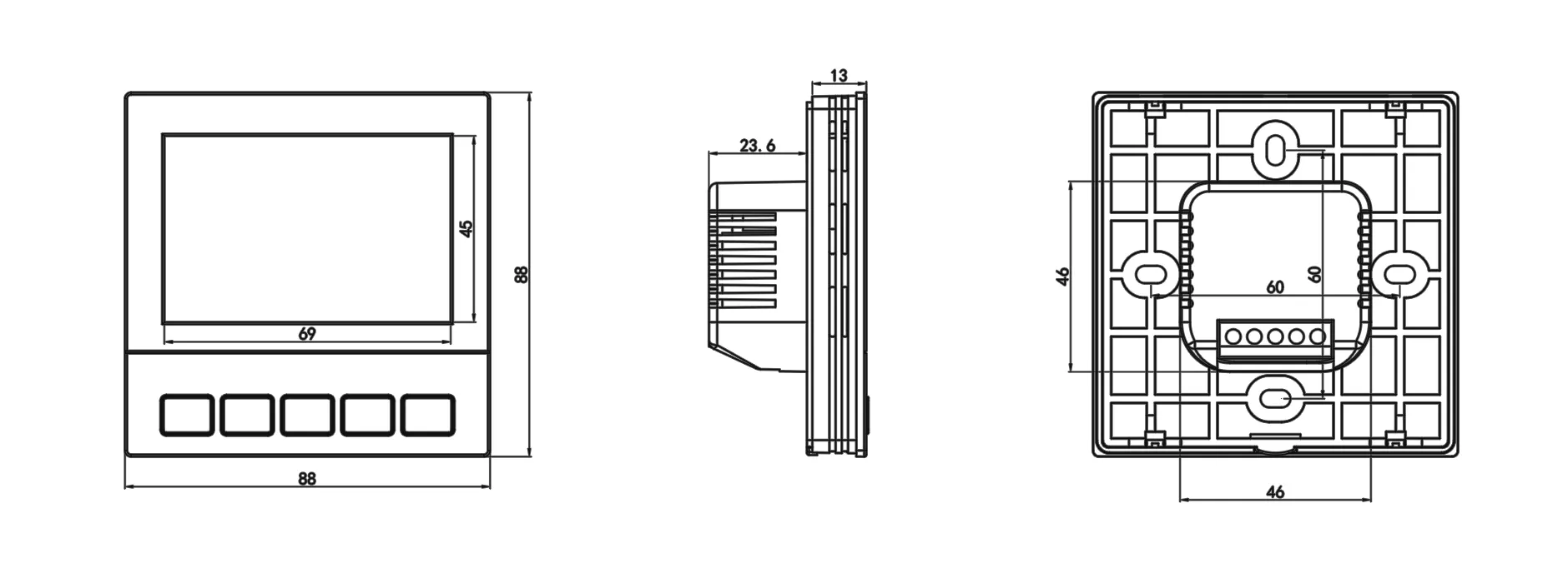 Product dimension drawing for SAS921FHL digital LCD electric heating thermostat