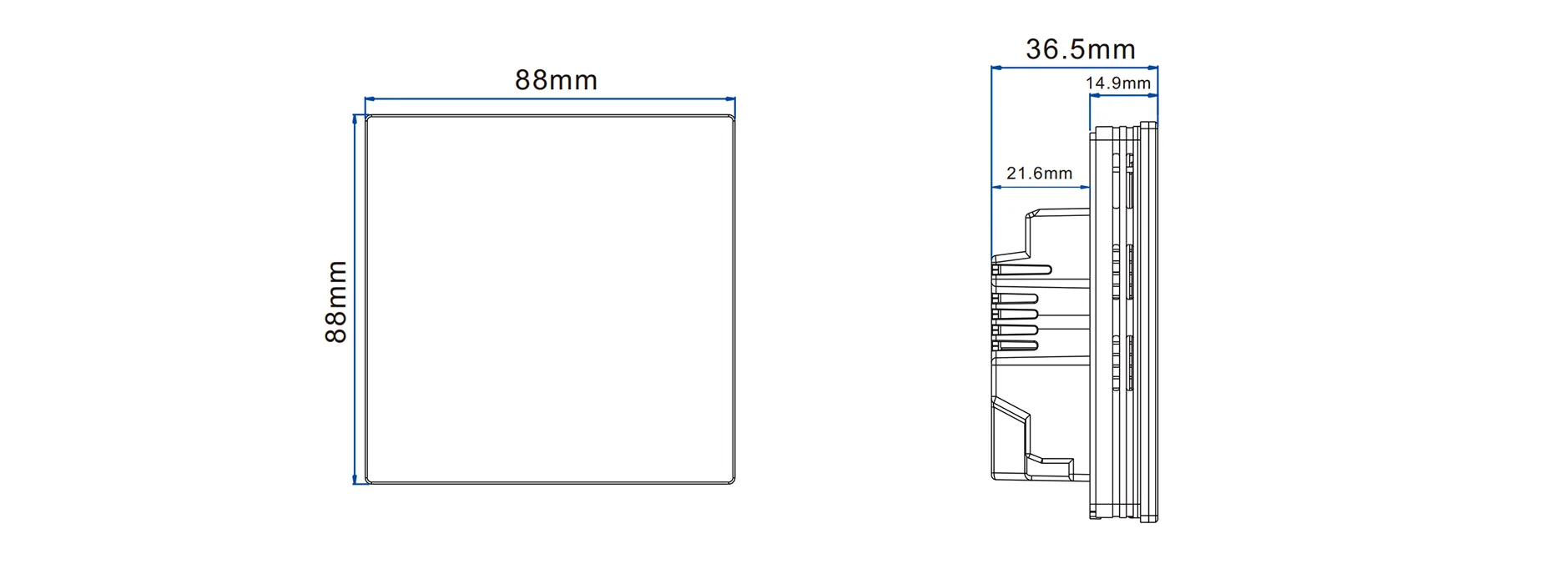 Product dimension drawing for SAS922XMTW hotel keycard DX thermostat