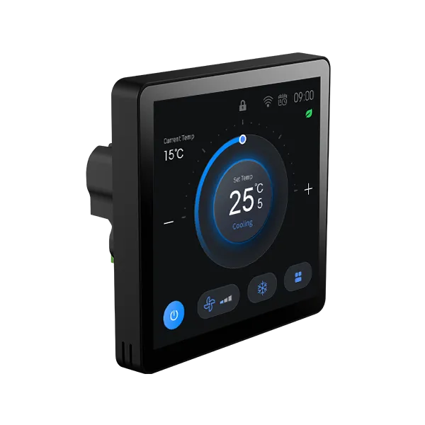 Left side view of SAS965MTW 4-inch color touchscreen BACnet DX thermostat