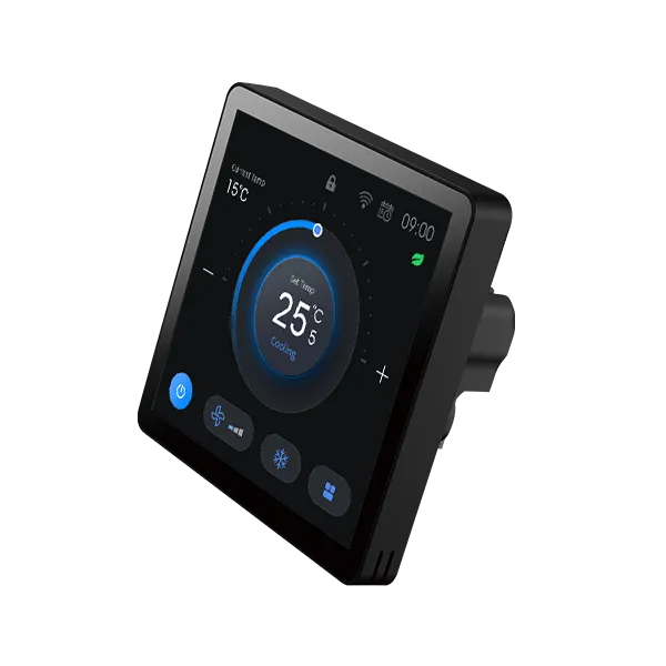 Right side view of SAS965MTW 4-inch color touchscreen BACnet DX thermostat