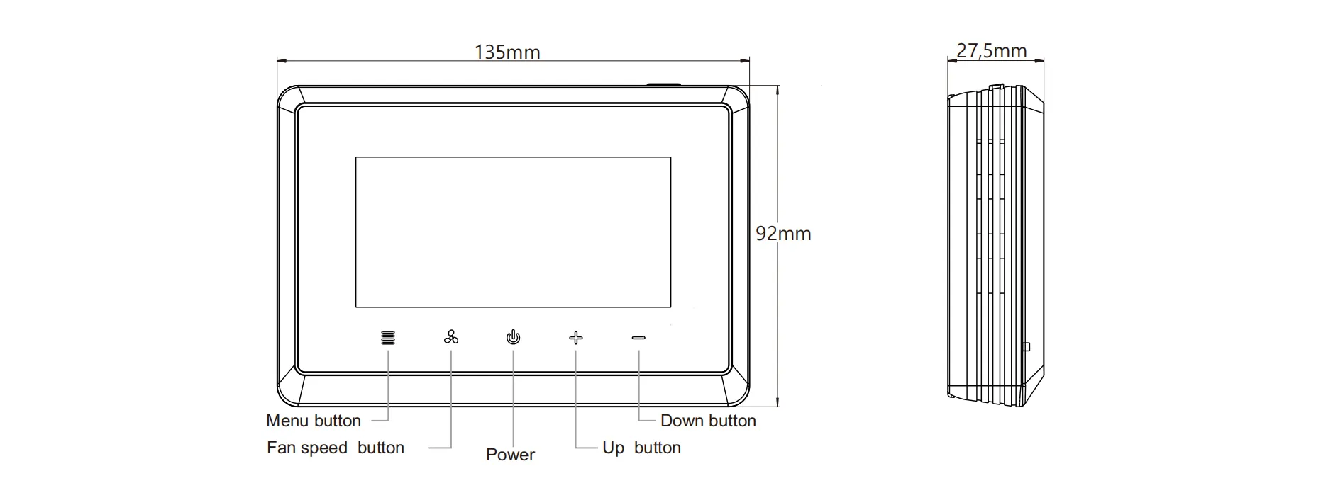 Product dimension drawing for T29MTW wall-mount Modbus RS485 DX thermostat