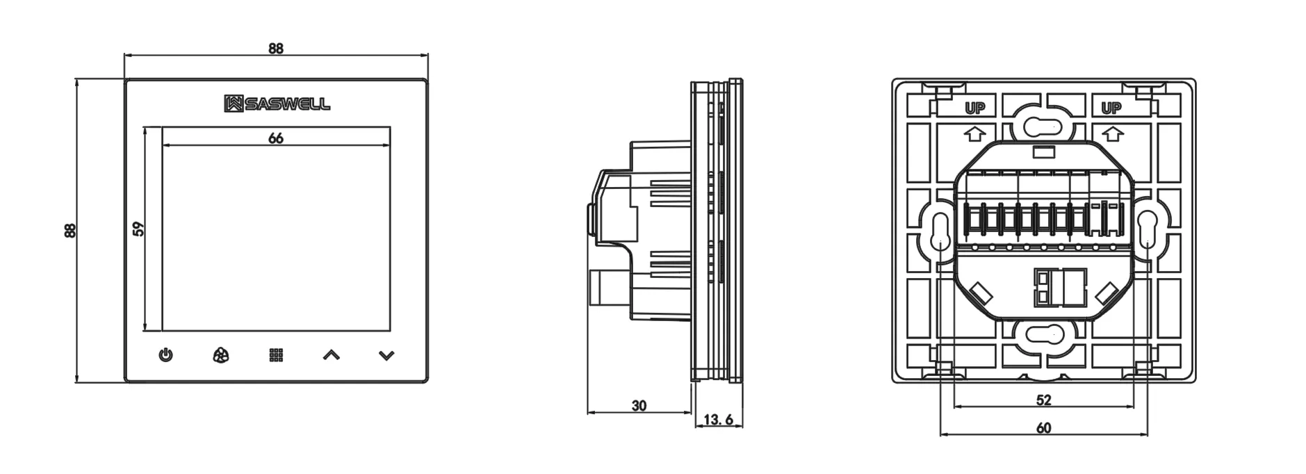 Product dimension drawing for SAS922FCT interlock-enabled fan coil thermostat