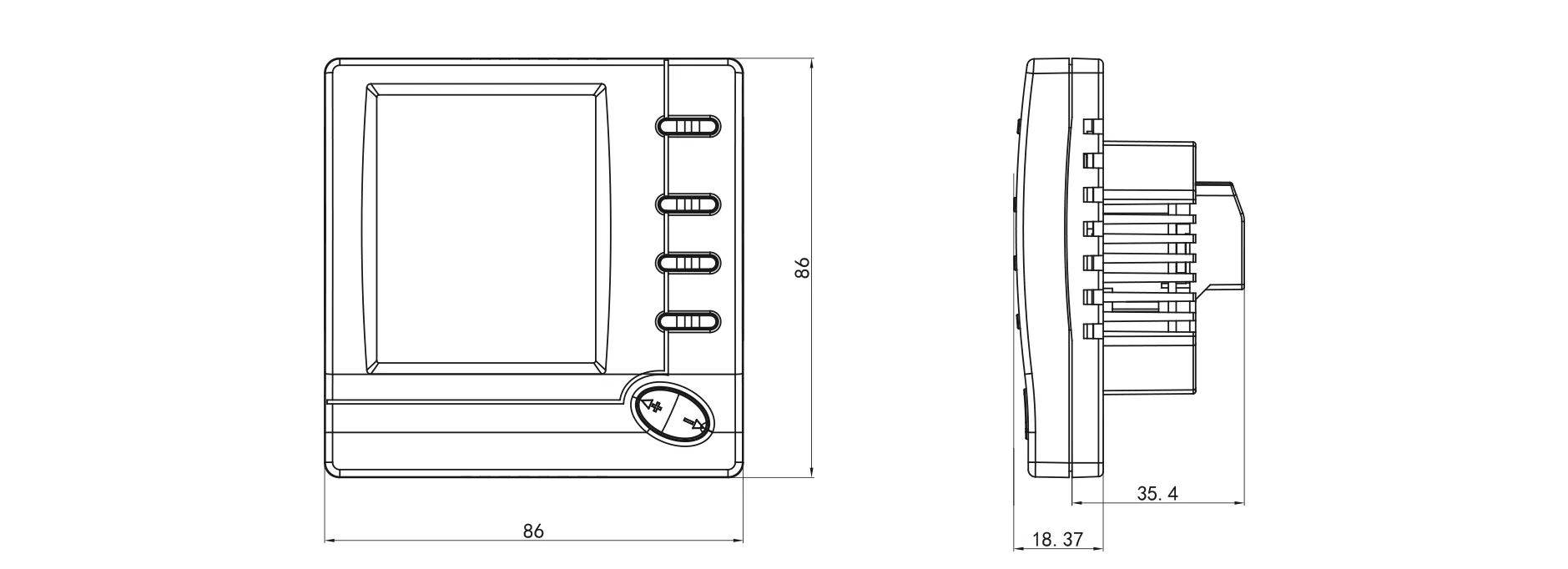 Product dimension drawing for SAS803FCT 2/4-pipe fan coil thermostat