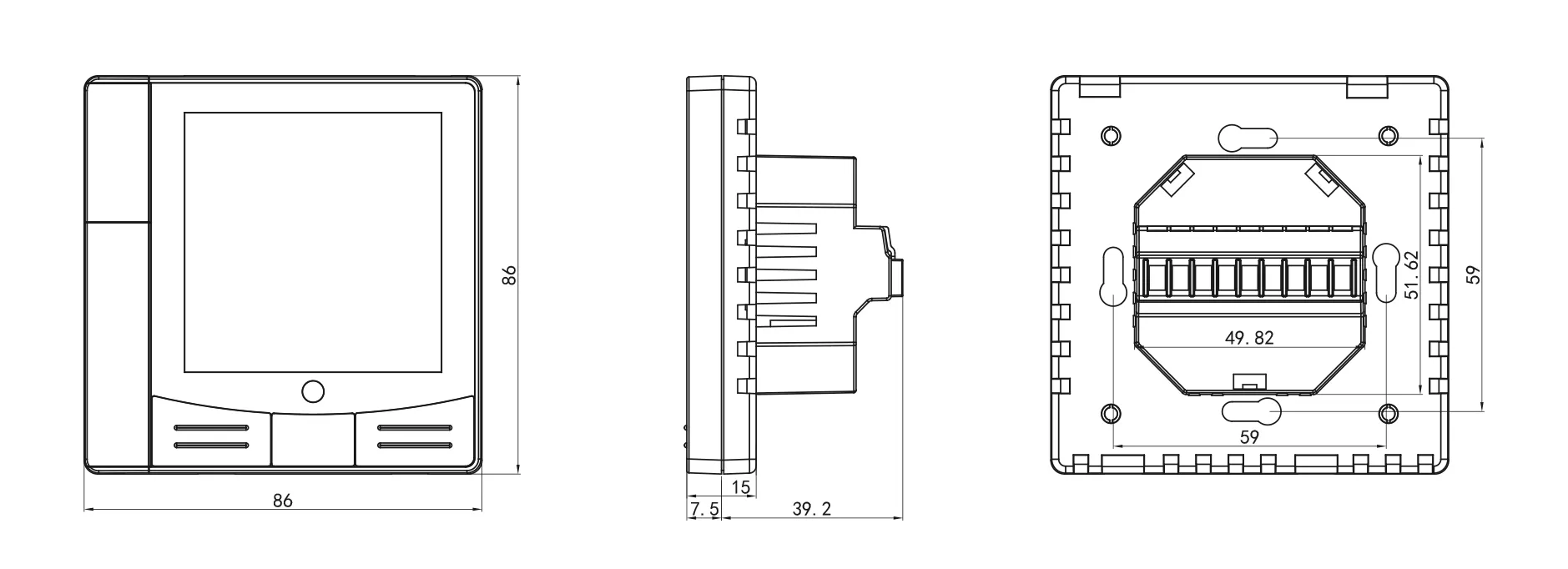 Product dimension drawing for SAS810FCT On/Off fan coil thermostat