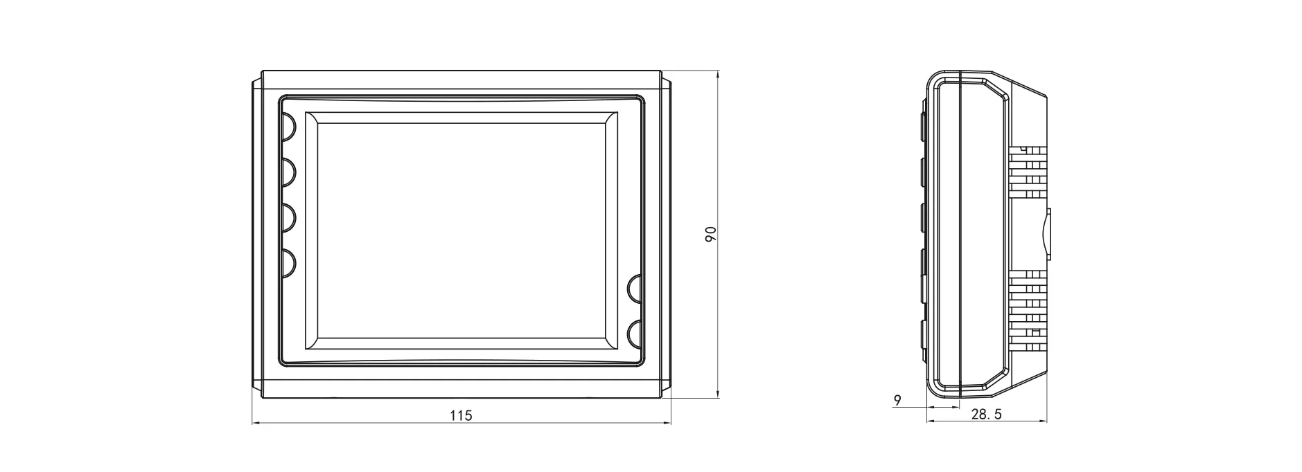 Product dimension drawing for SAS908FCT 3-speed AC fan coil thermostat