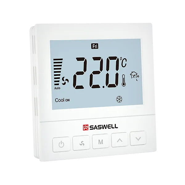Left side view of SAS920FCT LoRaWAN fan coil thermostat with energy metering