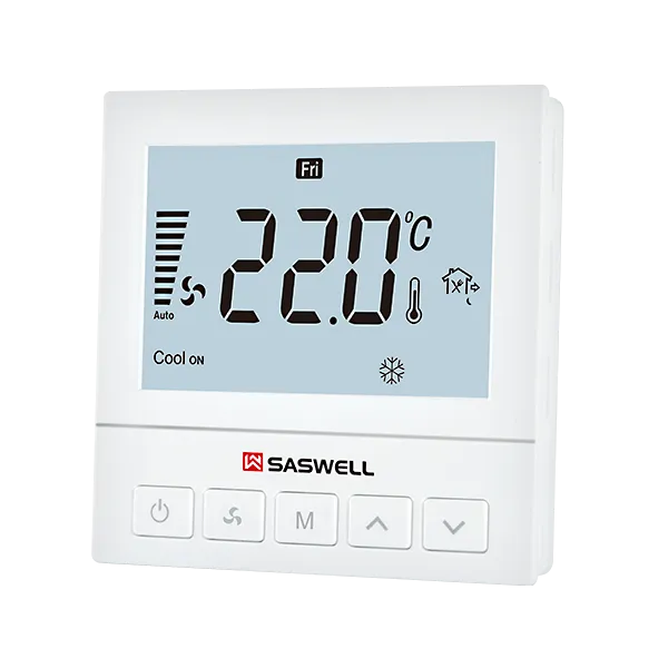 Right side view of SAS920FCT LoRaWAN fan coil thermostat with energy metering