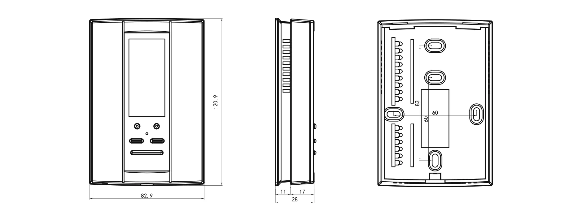 Product dimension drawing for T15FCT wall-mount fan coil thermostat