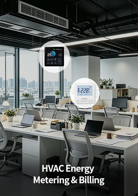 Energy metering fan coil thermostat installed in commercial office building scene